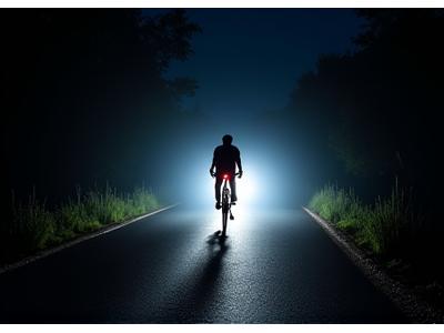 Cyclist riding on a dark, unlit rural road at night, intensely illuminated by a powerful bike light.