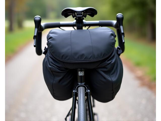 Large saddlebag attached to bicycle seat post, seen from behind on a road
