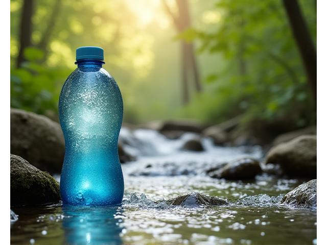 Biodegradable water bottle next to natural stream